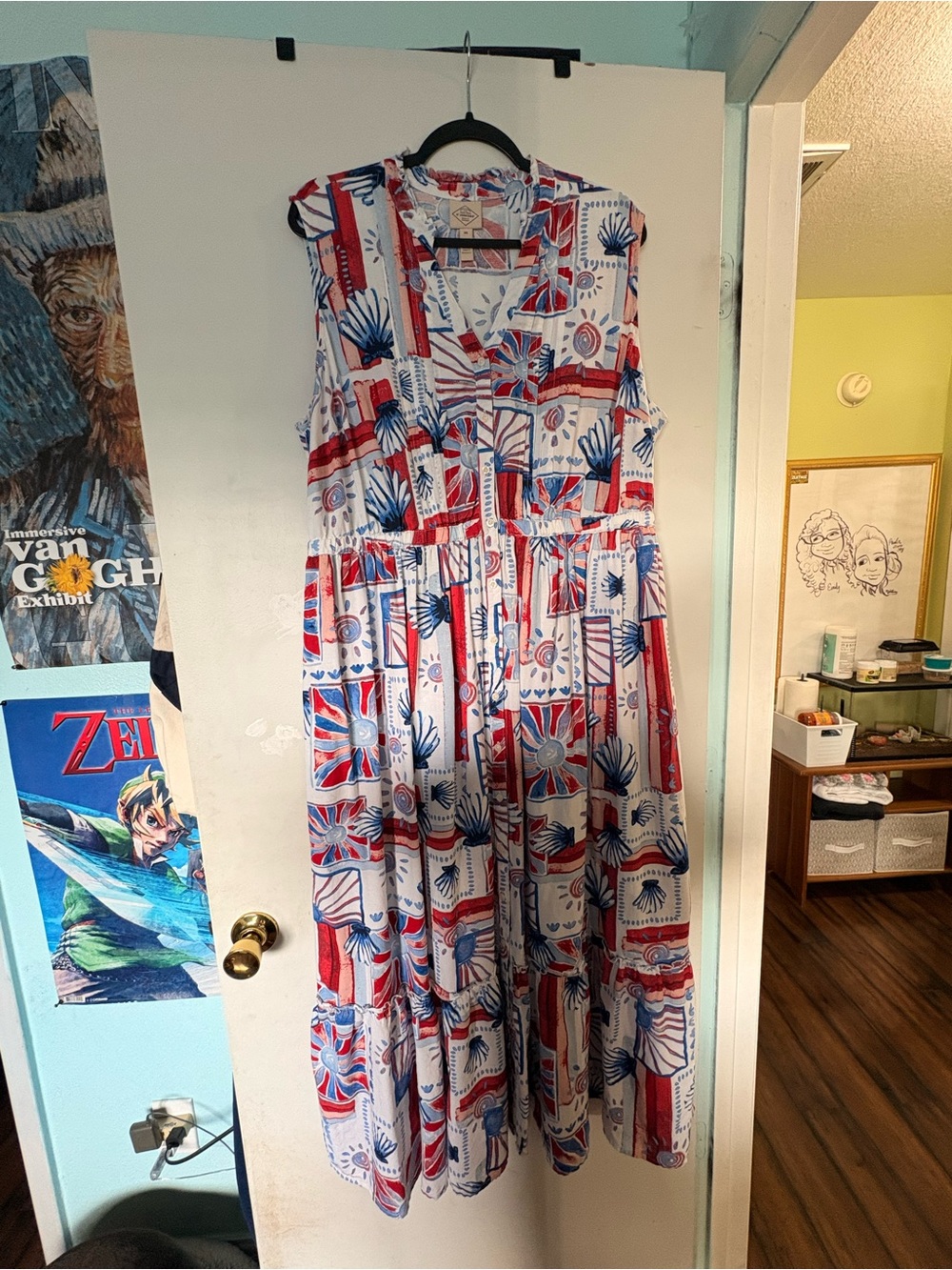 Sleeveless Red & Blue Patterned Maxi Dress